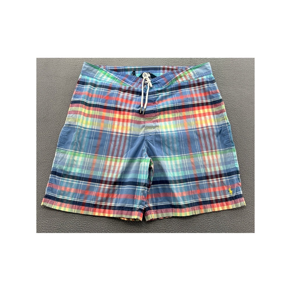 VTG Polo Ralph Lauren Board Shorts Mens 36 Plaid Swim Trunks Multi Color 90s